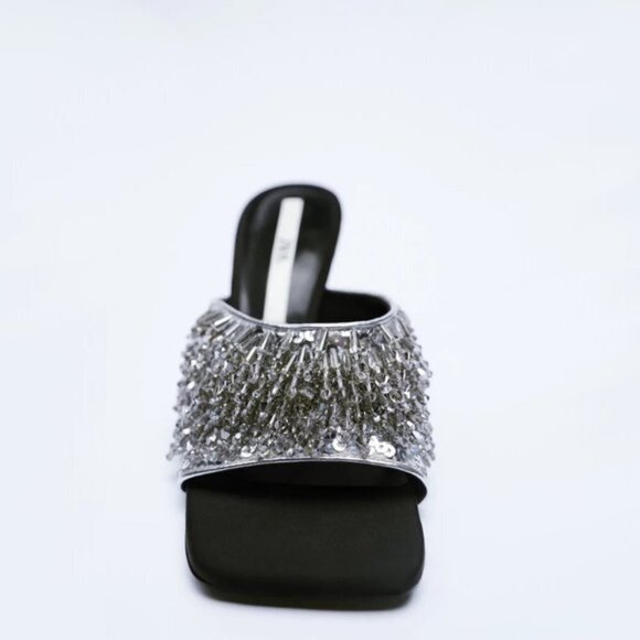 NWT Zara black, grey & silver beaded strap heeled sandals - Picture 6 of 16